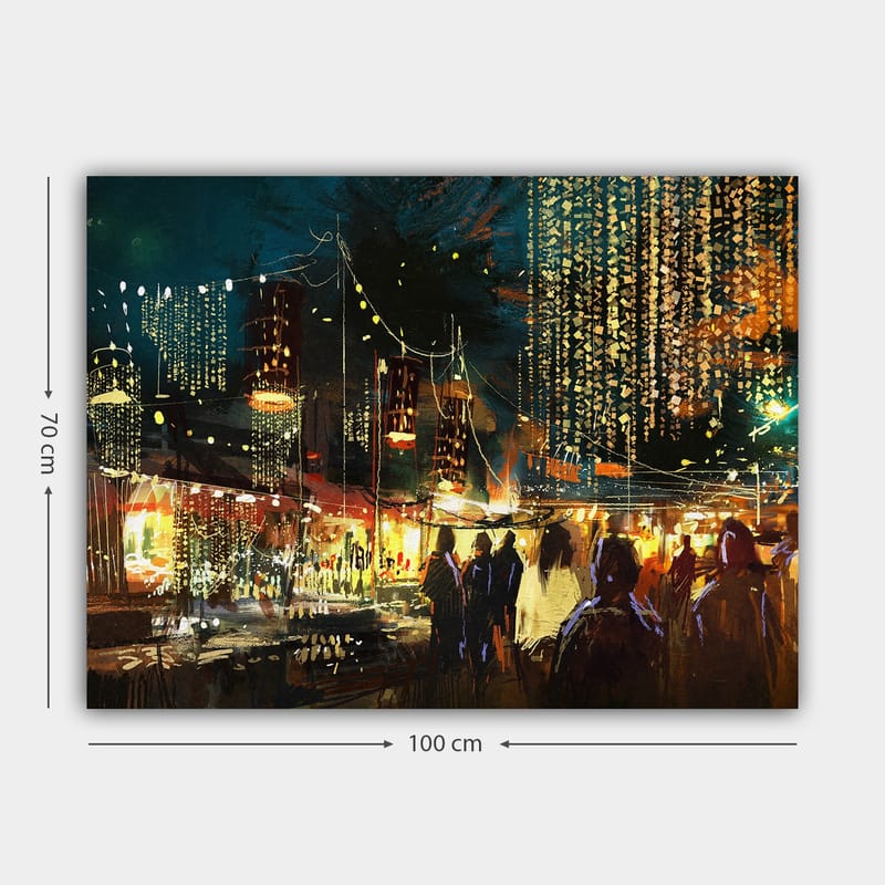 Lærred 70x100 cm - Livligt natmarked med mennesker og lys, der skaber en festlig atmosfære - Mørkeblå / Guld / Rød - Boligtilbehør - Billeder & kunst - Billeder på lærred