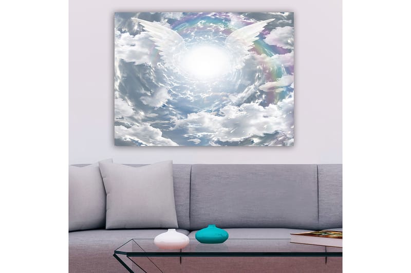 Lærred 70x100 cm - Lys og drømmende himmel med englevinger, der strækker sig mod et strålende midtpunkt - Hvid / Lyseblå / Grå - Boligtilbehør - Billeder & kunst - Billeder på lærred