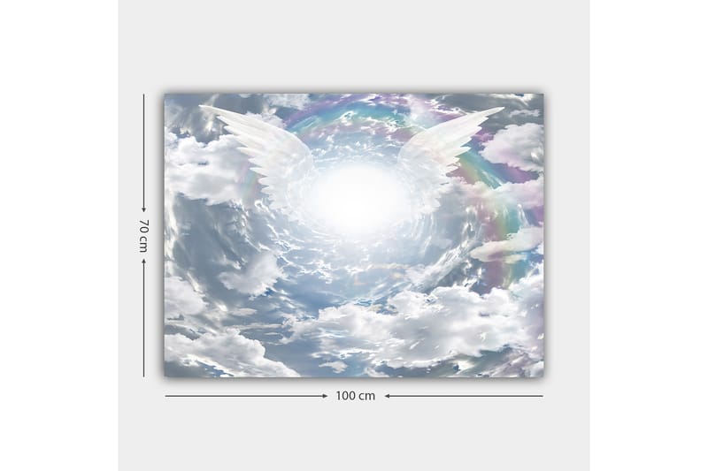 Lærred 70x100 cm - Lys og drømmende himmel med englevinger, der strækker sig mod et strålende midtpunkt - Hvid / Lyseblå / Grå - Boligtilbehør - Billeder & kunst - Billeder på lærred