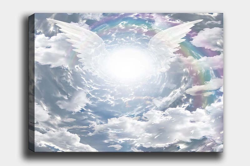 Lærred 70x100 cm - Lys og drømmende himmel med englevinger, der strækker sig mod et strålende midtpunkt, Hvid / Lyseblå / Grå