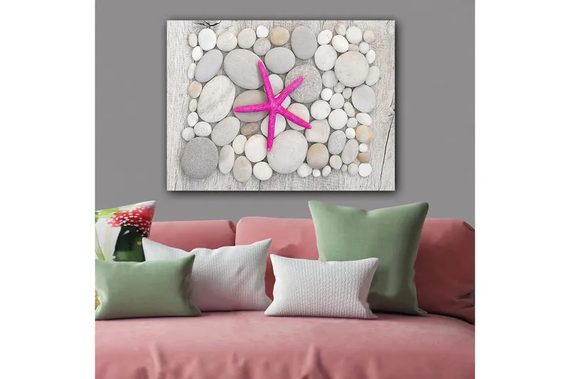 Lærred 70x100 cm - Lyserød søstjerne omgivet af grå og hvide sten, Grå / Hvid / Lyserød