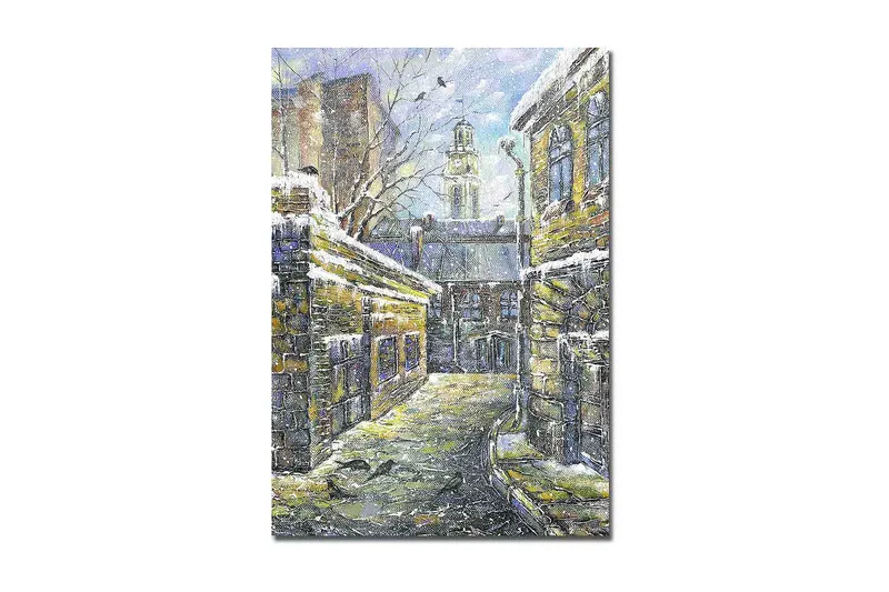 Lærred 70x100 cm - Mælkevejen omgivet af gamle bygninger med sne på tagene, Gul / Blå / Hvid