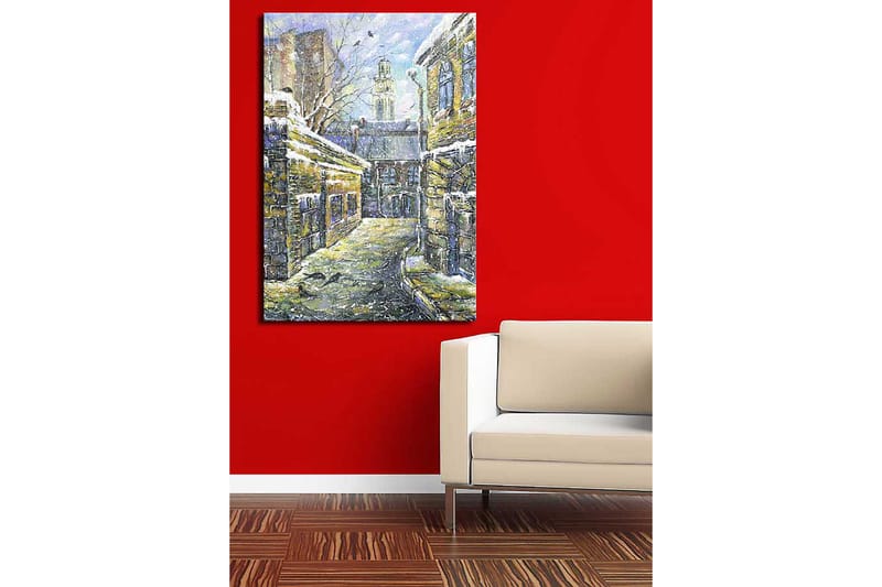 Lærred 70x100 cm - Mælkevejen omgivet af gamle bygninger med sne på tagene - Gul / Blå / Hvid - Boligtilbehør - Billeder & kunst - Billeder på lærred