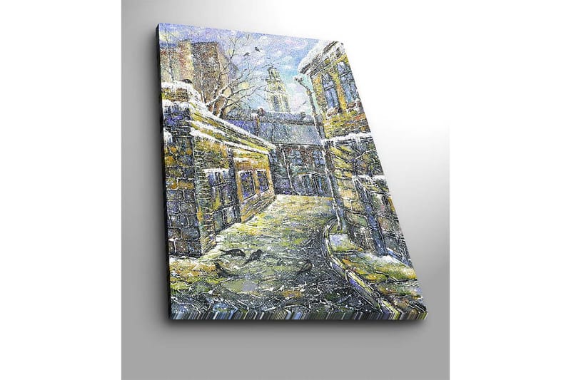 Lærred 70x100 cm - Mælkevejen omgivet af gamle bygninger med sne på tagene - Gul / Blå / Hvid - Boligtilbehør - Billeder & kunst - Billeder på lærred