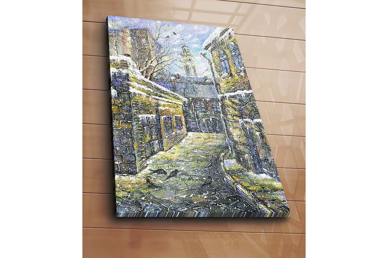 Lærred 70x100 cm - Mælkevejen omgivet af gamle bygninger med sne på tagene - Gul / Blå / Hvid - Boligtilbehør - Billeder & kunst - Billeder på lærred
