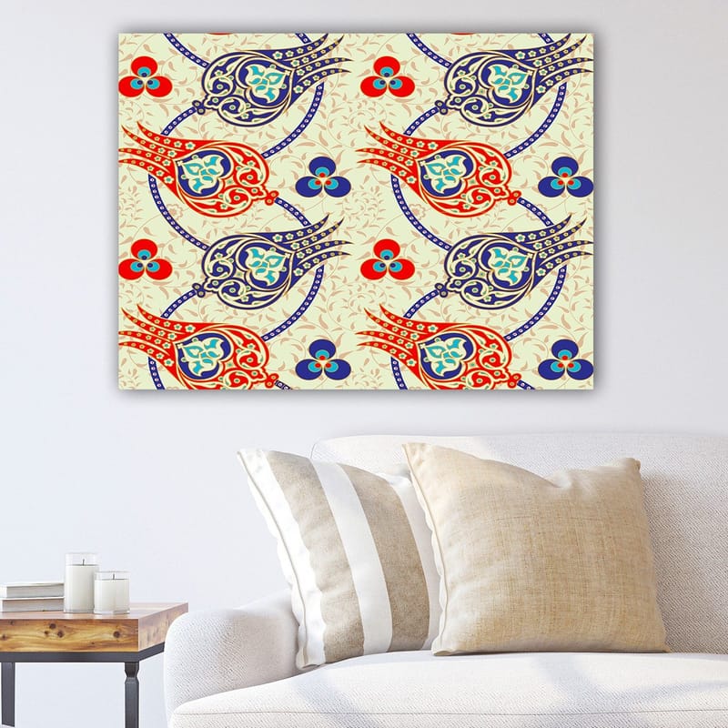 Lærred 70x100 cm - Mønster af stiliserede blomster og blade i livlige farver, Rød / Blå / Beige