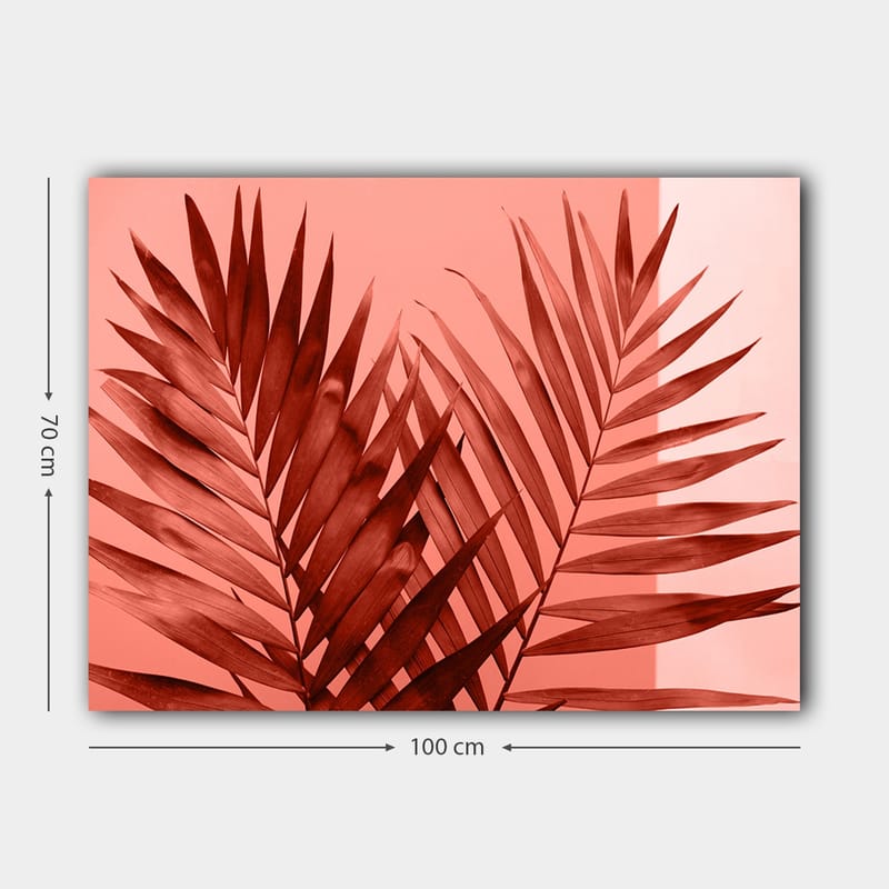 Lærred 70x100 cm - Mørke palmeblade mod en lys koralbaggrund - Mørkerød / Koral - Boligtilbehør - Billeder & kunst - Billeder på lærred