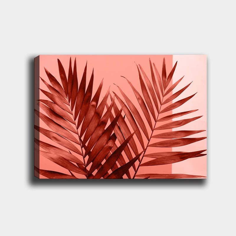 Lærred 70x100 cm - Mørke palmeblade mod en lys koralbaggrund, Mørkerød / Koral
