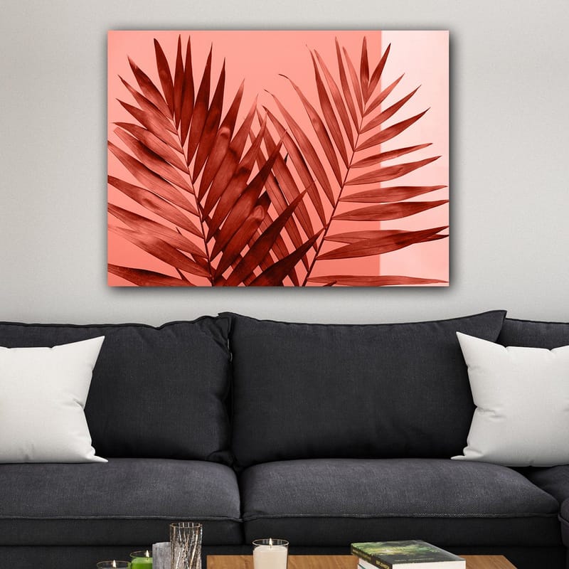 Lærred 70x100 cm - Mørke palmeblade mod en lys koralbaggrund - Mørkerød / Koral - Boligtilbehør - Billeder & kunst - Billeder på lærred