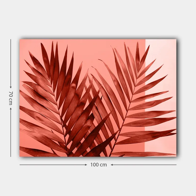 Lærred 70x100 cm - Mørke palmeblade mod en lys koralbaggrund - Mørkerød / Koral - Boligtilbehør - Billeder & kunst - Billeder på lærred