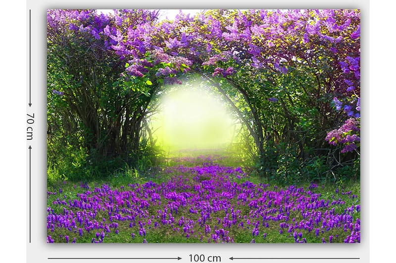 Lærred 70x100 cm - Magisk have med lilla blomster, der fører ind i en lys tunnel af grønt - Lilla / Grøn / Gul - Boligtilbehør - Billeder & kunst - Billeder på lærred