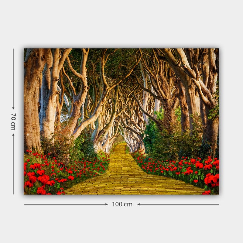Lærred 70x100 cm - Magisk sti omkranset af blomster, der fører gennem en tunnel af træer - Gul / Grøn / Rød - Boligtilbehør - Billeder & kunst - Billeder på lærred