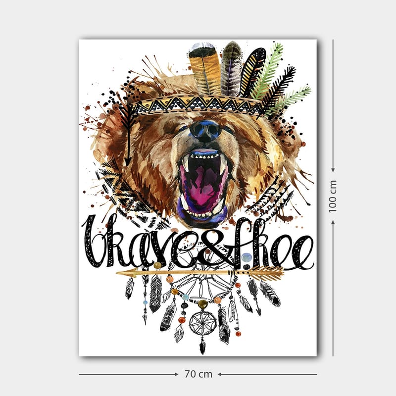 Lærred 70x100 cm - Majestætisk bjørnehoved med en farverig fjerkrans og dekorative detaljer - Brun / Sort / Orange - Boligtilbehør - Billeder & kunst - Billeder på lærred