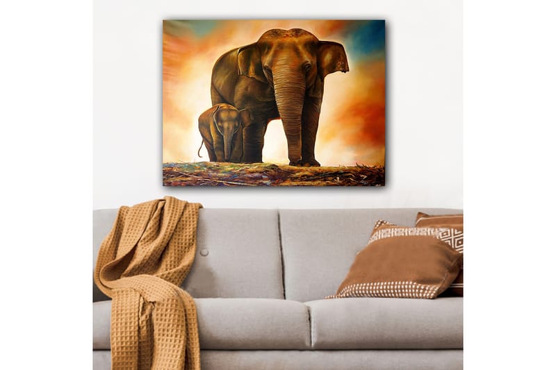 Lærred 70x100 cm - Majestætisk elefant med sin kalv i et varmt og farverigt miljø - Brun / Orange / Beige - Boligtilbehør - Billeder & kunst - Billeder på lærred