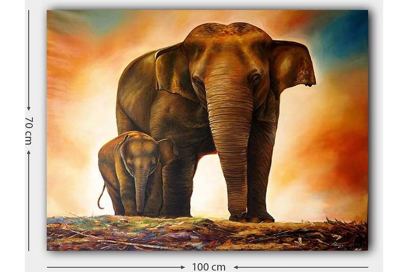 Lærred 70x100 cm - Majestætisk elefant med sin kalv i et varmt og farverigt miljø - Brun / Orange / Beige - Boligtilbehør - Billeder & kunst - Billeder på lærred