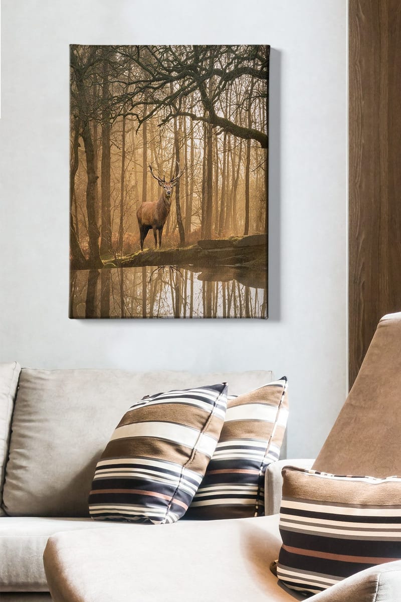 Lærred 70x100 cm - Majestætisk elg står ved en spejlblank sø omgivet af tågede skove - Brun / Guld / Grøn - Boligtilbehør - Billeder & kunst - Billeder på lærred