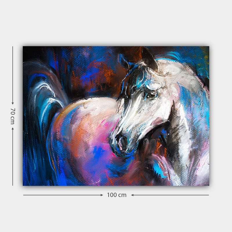 Lærred 70x100 cm - Majestætisk hvid hest med farverige detaljer i baggrunden - Hvid / Blå / Lyserød - Boligtilbehør - Billeder & kunst - Billeder på lærred