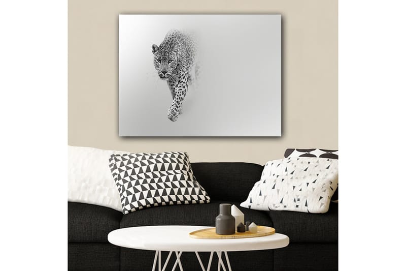 Lærred 70x100 cm - Majestætisk leopard på vej fremad i en stilfuld og minimalistisk komposition - Sort / Grå - Boligtilbehør - Billeder & kunst - Billeder på lærred