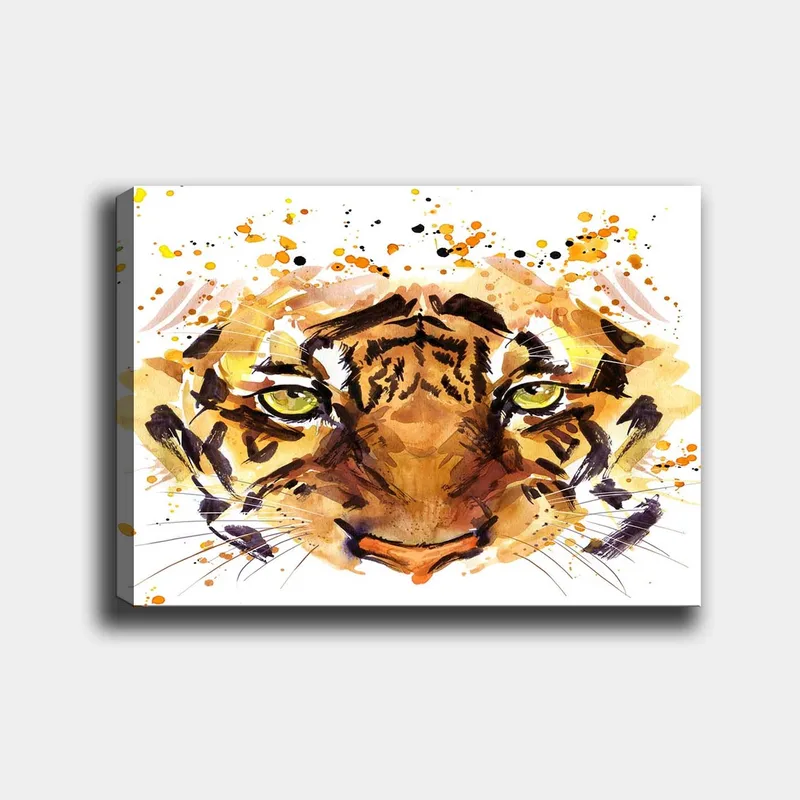 Lærred 70x100 cm - Majestætisk tiger med intense øjne og kraftfulde ansigtstræk, Orange / Brun / Guldfarvet
