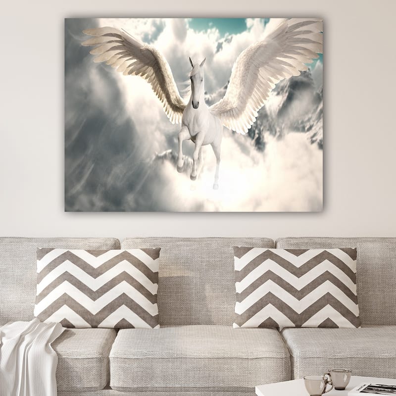 Lærred 70x100 cm - Majestætisk vinget enhjørning svæver gennem skyerne - Hvid / Lyseblå / Grå - Boligtilbehør - Billeder & kunst - Billeder på lærred