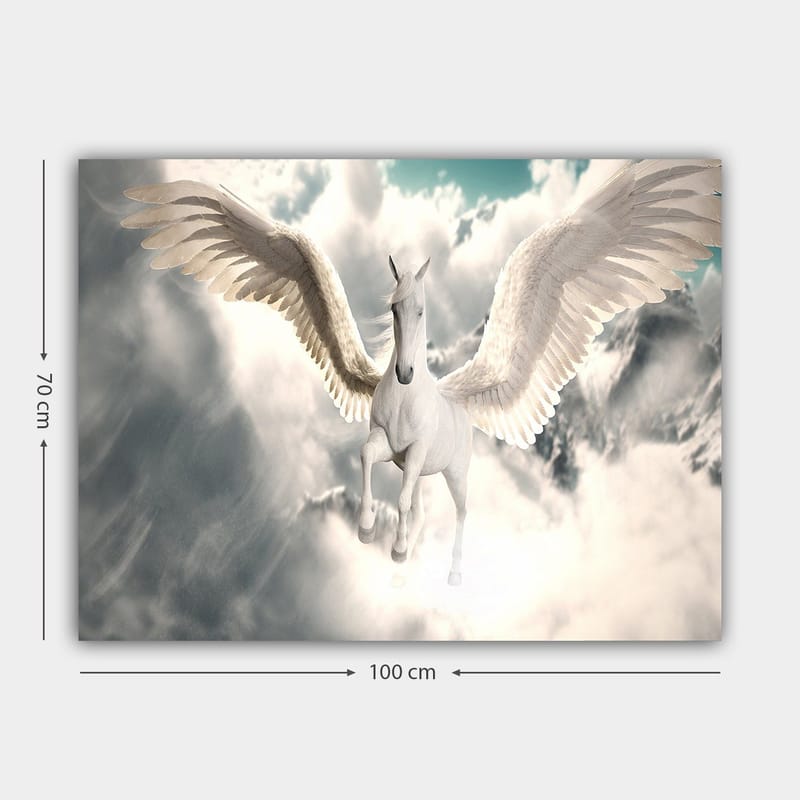 Lærred 70x100 cm - Majestætisk vinget enhjørning svæver gennem skyerne - Hvid / Lyseblå / Grå - Boligtilbehør - Billeder & kunst - Billeder på lærred