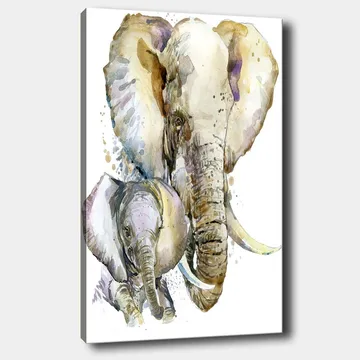 Lærred 70x100 cm - Maleriet forestiller en stor og en lille elefant i en blød og farverig akvarelstil - Grå / Beige / Lilla - Boligtilbehør - Billeder & kunst - Billeder på lærred