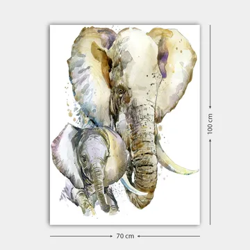 Lærred 70x100 cm - Maleriet forestiller en stor og en lille elefant i en blød og farverig akvarelstil - Grå / Beige / Lilla - Boligtilbehør - Billeder & kunst - Billeder på lærred