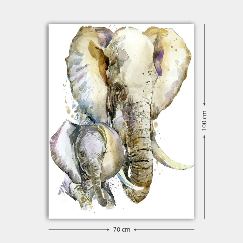 Lærred 70x100 cm - Maleriet forestiller en stor og en lille elefant i en blød og farverig akvarelstil - Grå / Beige / Lilla - Boligtilbehør - Billeder & kunst - Billeder på lærred