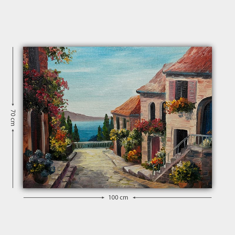 Lærred 70x100 cm - Malerisk gade med blomster og huse ved havet - Blå / Terrakotta / Grøn - Boligtilbehør - Billeder & kunst - Billeder på lærred