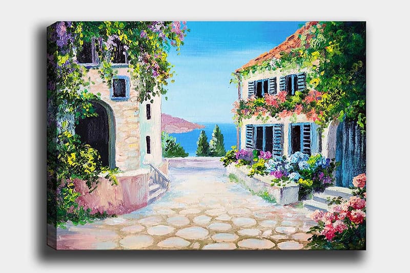 Lærred 70x100 cm - Malerisk gade med blomsterhuse og havudsigt, Grøn / Lyserød / Blå