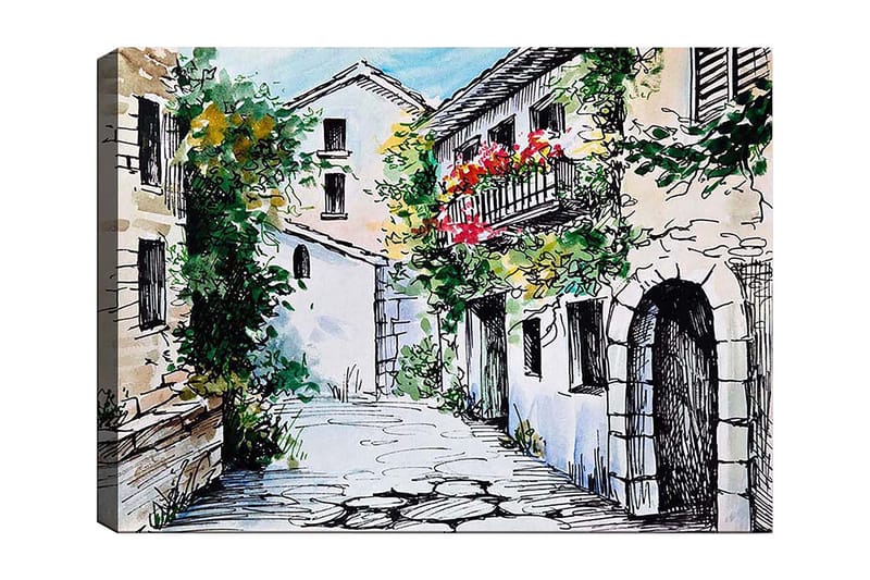 Lærred 70x100 cm - Malerisk gyde med charmerende huse og blomstrende balkoner - Grøn / Beige / Rød - Boligtilbehør - Billeder & kunst - Billeder på lærred