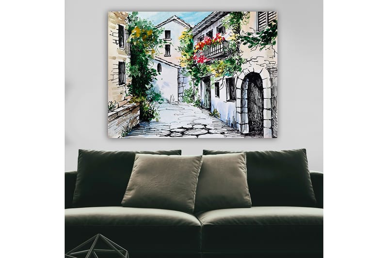 Lærred 70x100 cm - Malerisk gyde med charmerende huse og blomstrende balkoner - Grøn / Beige / Rød - Boligtilbehør - Billeder & kunst - Billeder på lærred