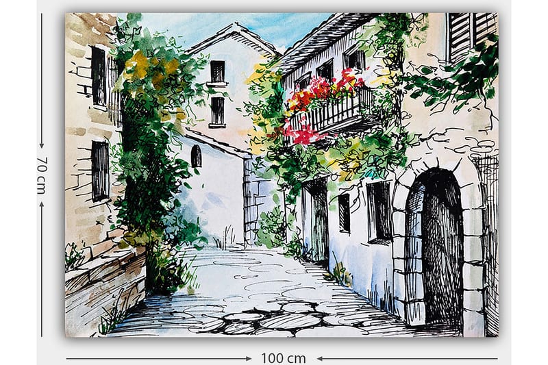 Lærred 70x100 cm - Malerisk gyde med charmerende huse og blomstrende balkoner - Grøn / Beige / Rød - Boligtilbehør - Billeder & kunst - Billeder på lærred