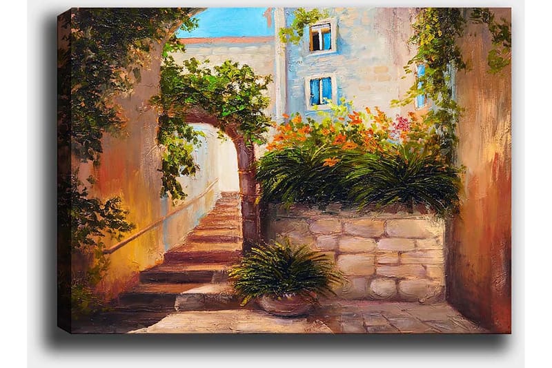 Lærred 70x100 cm - Malerisk gyde med trapper omgivet af grønne områder og blomster - Grøn / Beige / Orange - Boligtilbehør - Billeder & kunst - Billeder på lærred