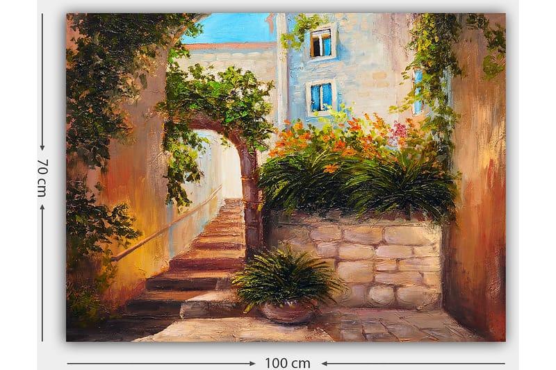 Lærred 70x100 cm - Malerisk gyde med trapper omgivet af grønne områder og blomster - Grøn / Beige / Orange - Boligtilbehør - Billeder & kunst - Billeder på lærred