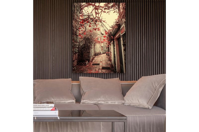 Lærred 70x100 cm - Malerisk gyde omkranset af gamle bygninger og blomster i røde nuancer, Rød / Beige