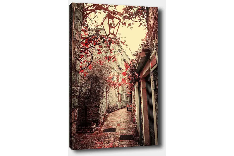 Lærred 70x100 cm - Malerisk gyde omkranset af gamle bygninger og blomster i røde nuancer - Rød / Beige - Boligtilbehør - Billeder & kunst - Billeder på lærred