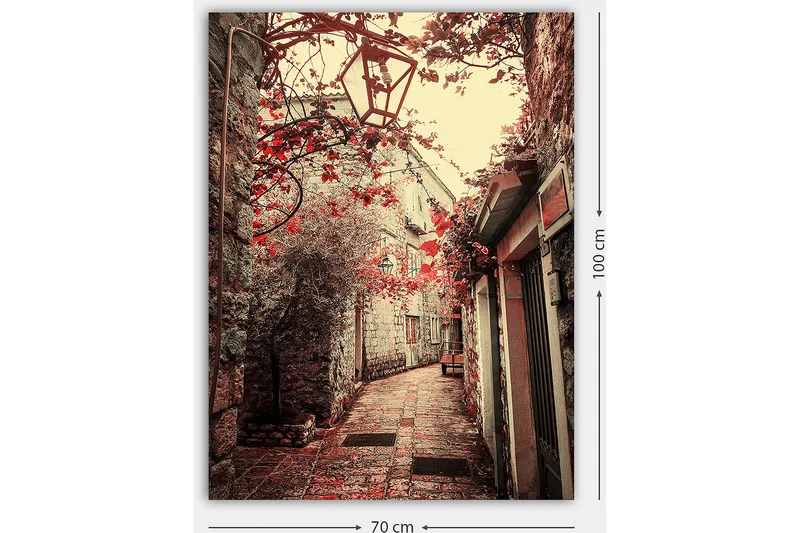 Lærred 70x100 cm - Malerisk gyde omkranset af gamle bygninger og blomster i røde nuancer - Rød / Beige - Boligtilbehør - Billeder & kunst - Billeder på lærred