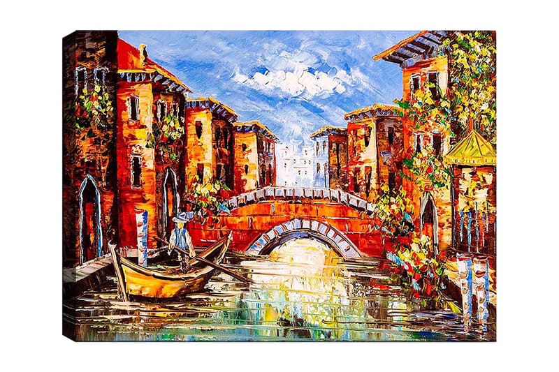 Lærred 70x100 cm - Malerisk kanal med farverige bygninger og en båd, der glider under en bro - Orange / Blå / Grøn - Boligtilbehør - Billeder & kunst - Billeder på lærred