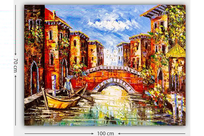 Lærred 70x100 cm - Malerisk kanal med farverige bygninger og en båd, der glider under en bro - Orange / Blå / Grøn - Boligtilbehør - Billeder & kunst - Billeder på lærred