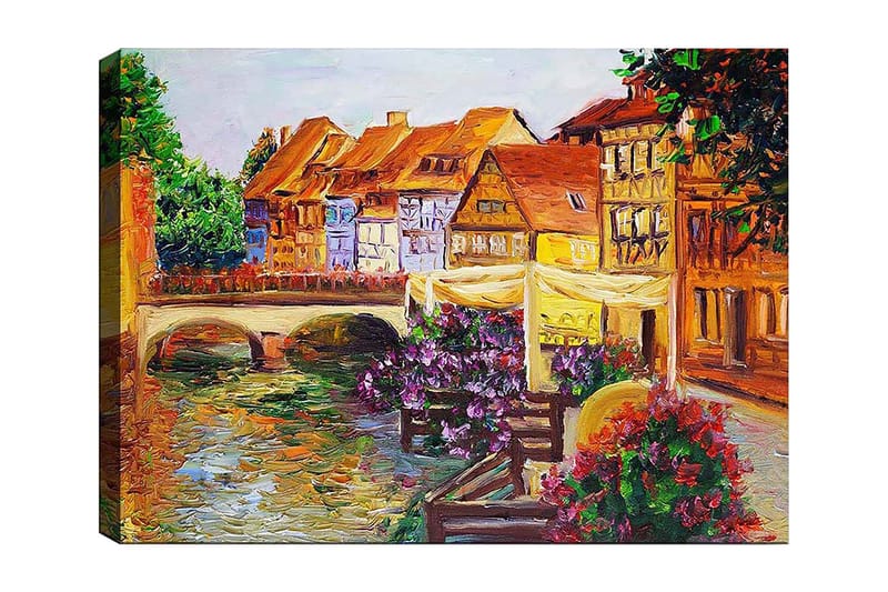 Lærred 70x100 cm - Malerisk kanal med farverige huse og blomster, der pryder kanten, Grøn / Lilla / Orange