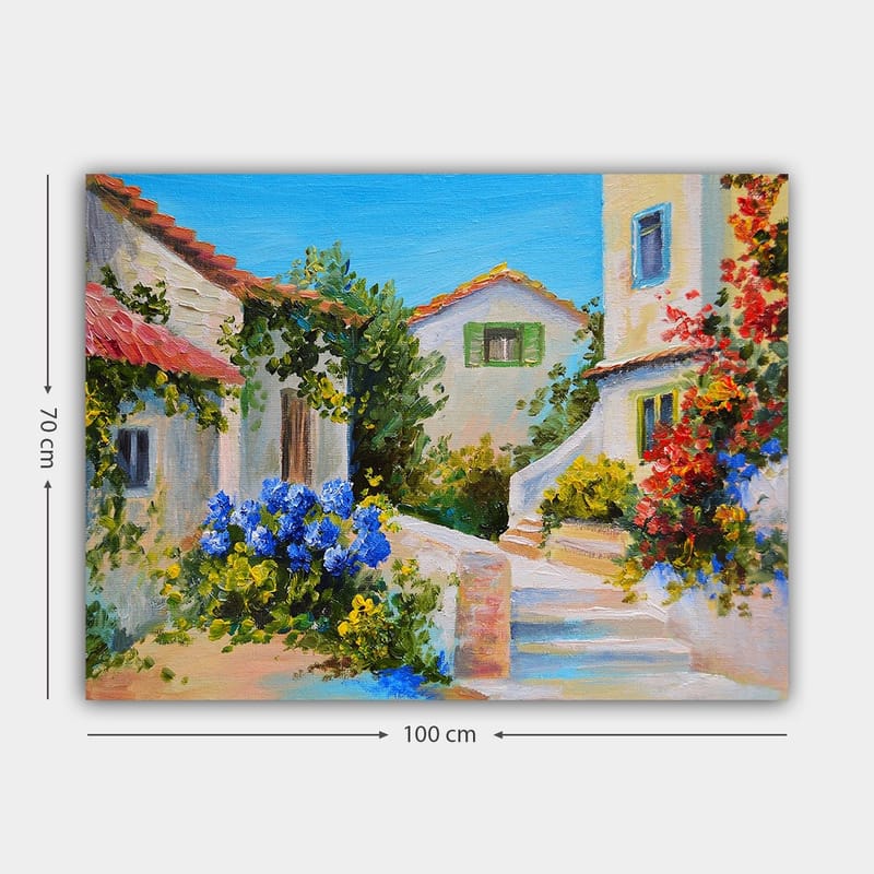 Lærred 70x100 cm - Malerisk landsbyscene med farverige huse og blomstrende planter - Blå / Grøn / Gul - Boligtilbehør - Billeder & kunst - Billeder på lærred