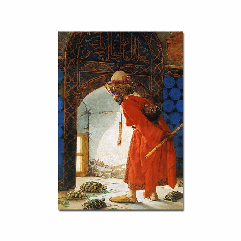 Lærred 70x100 cm - Mand i rød kåbe står ved en døråbning og kigger på skildpadder på gulvet, Rød / Blå / Beige