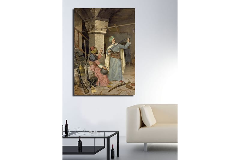 Lærred 70x100 cm - Mand i traditionelt tøj viser et sværd frem, mens en kvinde i farverigt tøj ser interesseret til - Blå / Rød / Grøn - Boligtilbehør - Billeder & kunst - Billeder på lærred