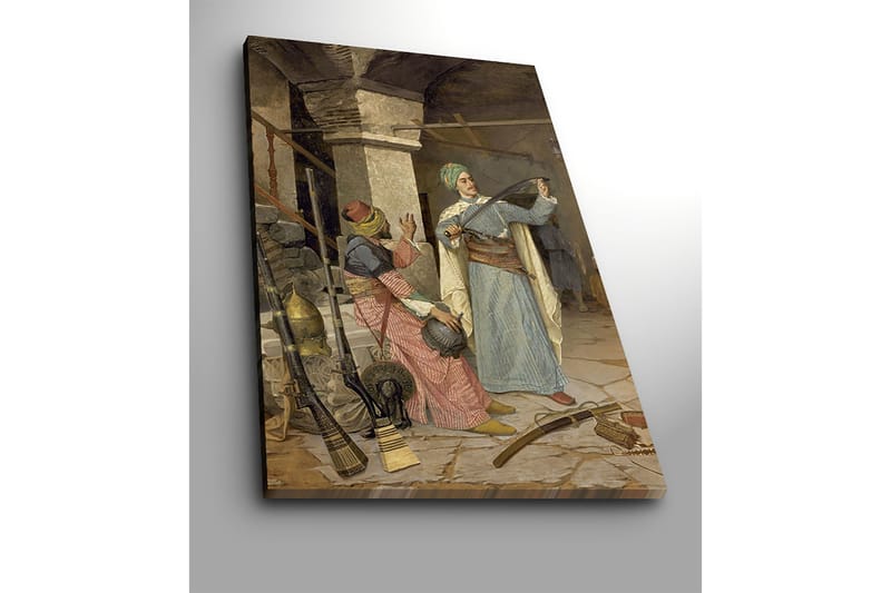 Lærred 70x100 cm - Mand i traditionelt tøj viser et sværd frem, mens en kvinde i farverigt tøj ser interesseret til - Blå / Rød / Grøn - Boligtilbehør - Billeder & kunst - Billeder på lærred