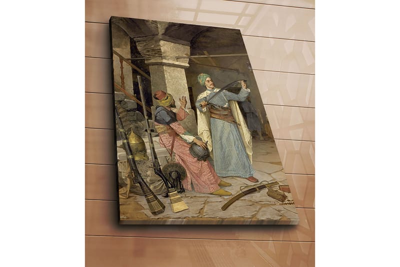 Lærred 70x100 cm - Mand i traditionelt tøj viser et sværd frem, mens en kvinde i farverigt tøj ser interesseret til - Blå / Rød / Grøn - Boligtilbehør - Billeder & kunst - Billeder på lærred