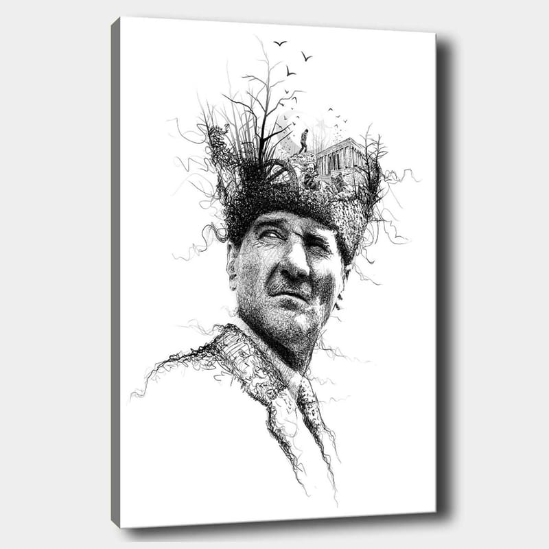 Lærred 70x100 cm - Mand med en kreativ og surrealistisk frisure, der forestiller træer og en bygning, Sort / Hvid