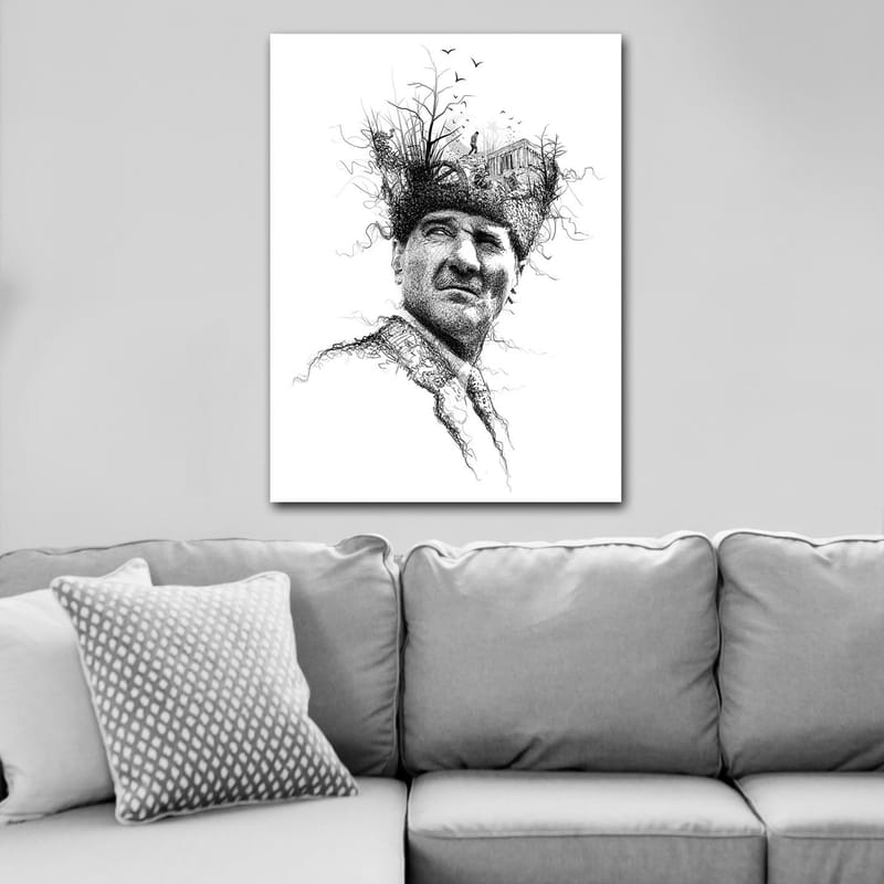 Lærred 70x100 cm - Mand med en kreativ og surrealistisk frisure, der forestiller træer og en bygning - Sort / Hvid - Boligtilbehør - Billeder & kunst - Billeder på lærred