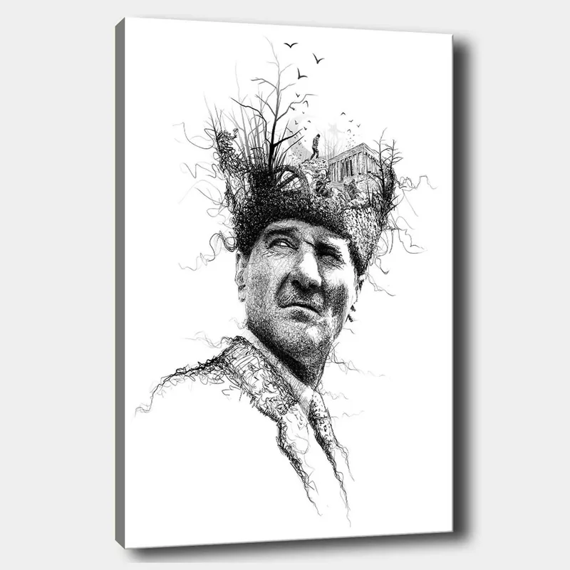 Lærred 70x100 cm - Mand med en kreativ og surrealistisk frisure, der forestiller træer og en bygning, Sort / Hvid