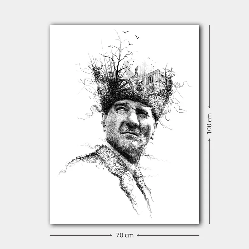 Lærred 70x100 cm - Mand med en kreativ og surrealistisk frisure, der forestiller træer og en bygning - Sort / Hvid - Boligtilbehør - Billeder & kunst - Billeder på lærred